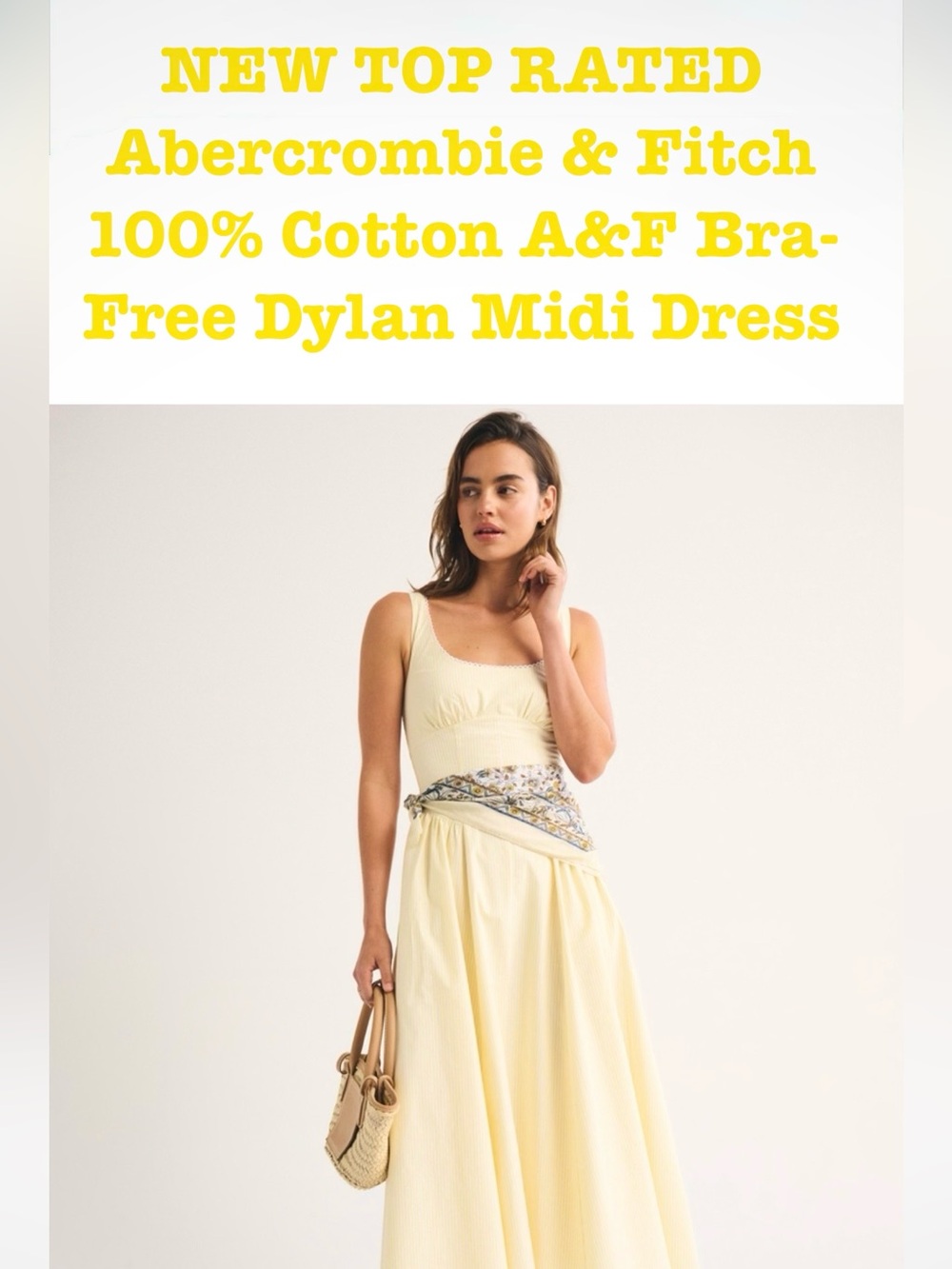 Abercrombie & Fitch 100% Cotton Dylan Bra Free Midi Dress in Yellow Stripes